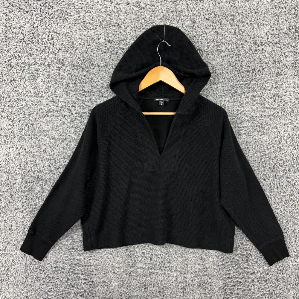 James Perse Sweater Womens 2 Black Cotton Cashmere Waffle Knit Hoodie V Neck